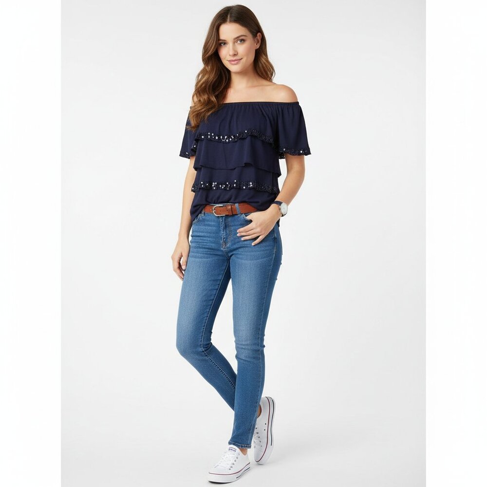 STYLE & CO Navy Blue Off-Shoulder Layered Beaded Blouse Top Sz M